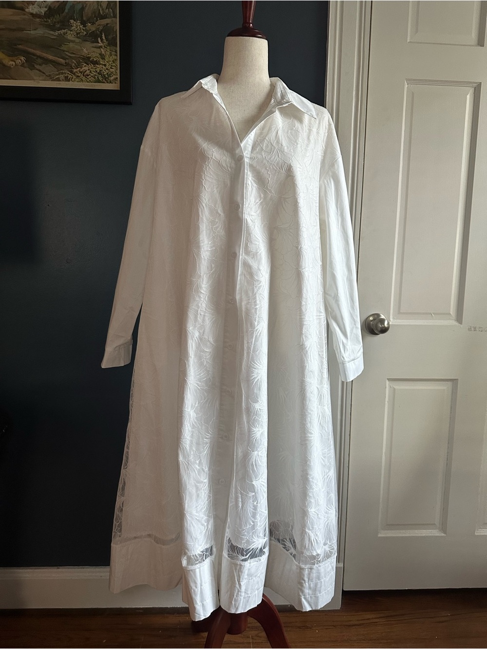 Mimoto Kazumi Japanese White Long Sleeve Shirt Dress with Lace Panels-L